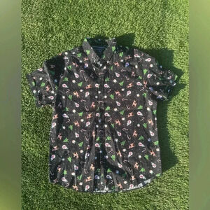 Denim & Flower Sleigh Bells Ring Holiday themed button down shirt, size M